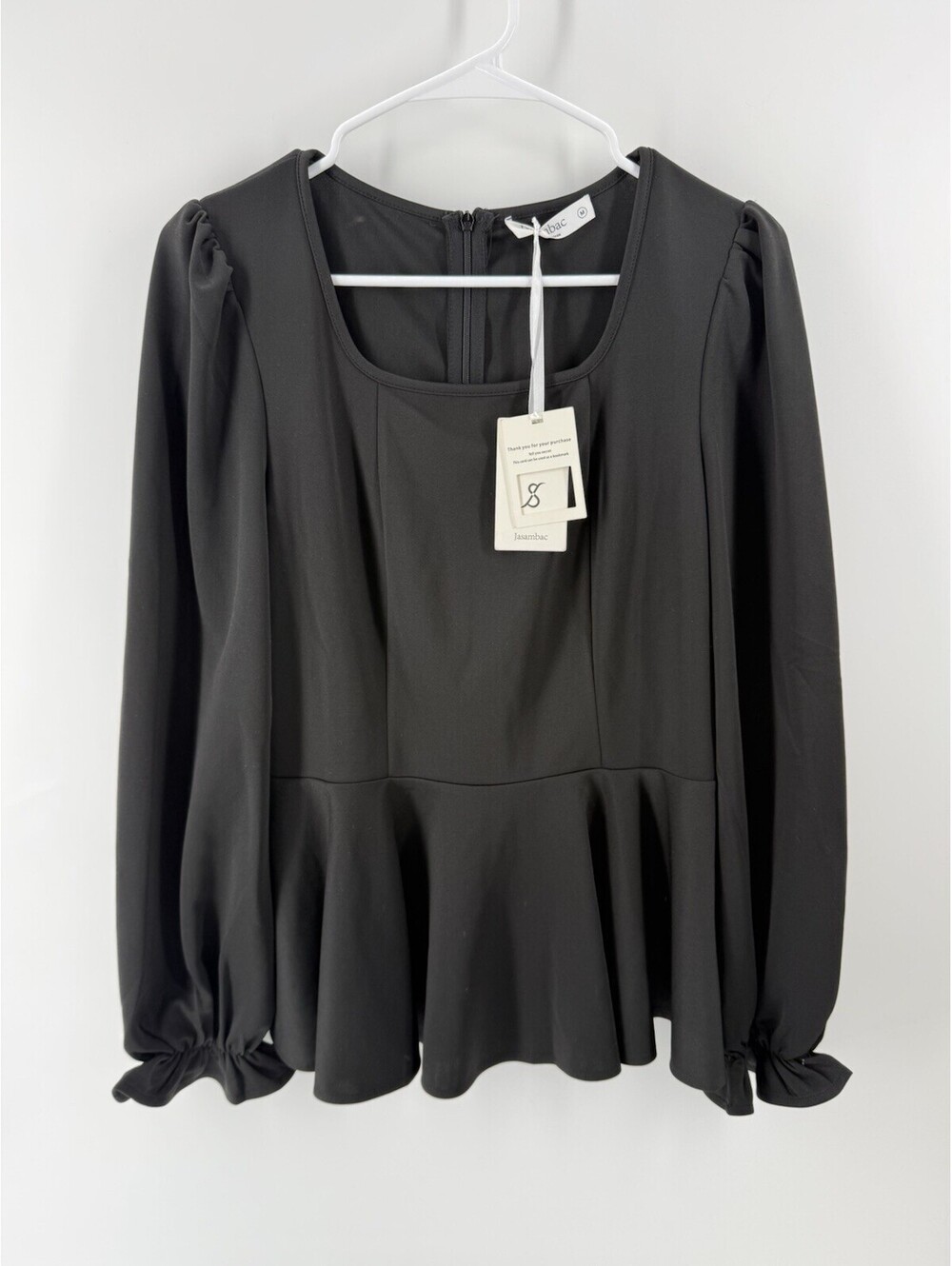Jasambac Black Square Neck Peplum Long Sleeve Top Women Size M NWT